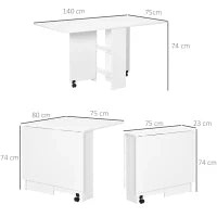 Tavolo Pieghevole Salvaspazio, 2 Ripiani Inferiori in Legno,  Tavolo Richiudibile Salvaspazio, con Ruote per 6 Persone, 75P x 140l x 74H cm, Bianco