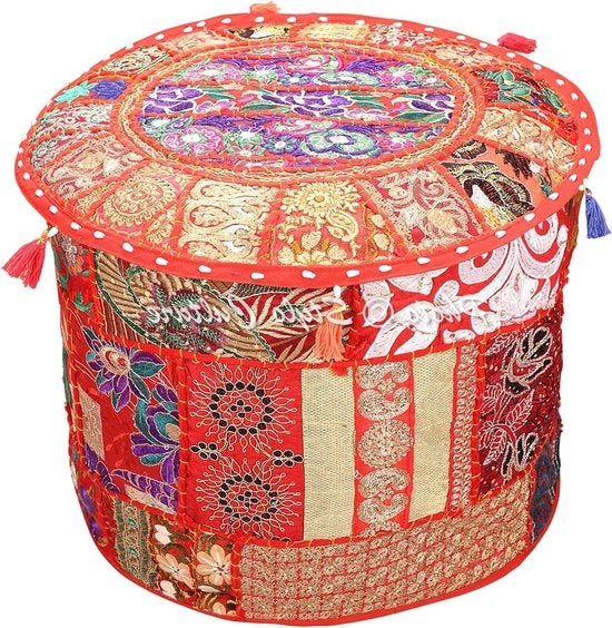 Coperta per Pouf in Tela di Cotone Patchwork a Tradizionale Foggia Rotonda con Disegno a Tessuto Indiano Raffigurante Motivi Ottomani - Dimensioni 45cm - Dimensioni del Pouf 18x18x13 Pollici