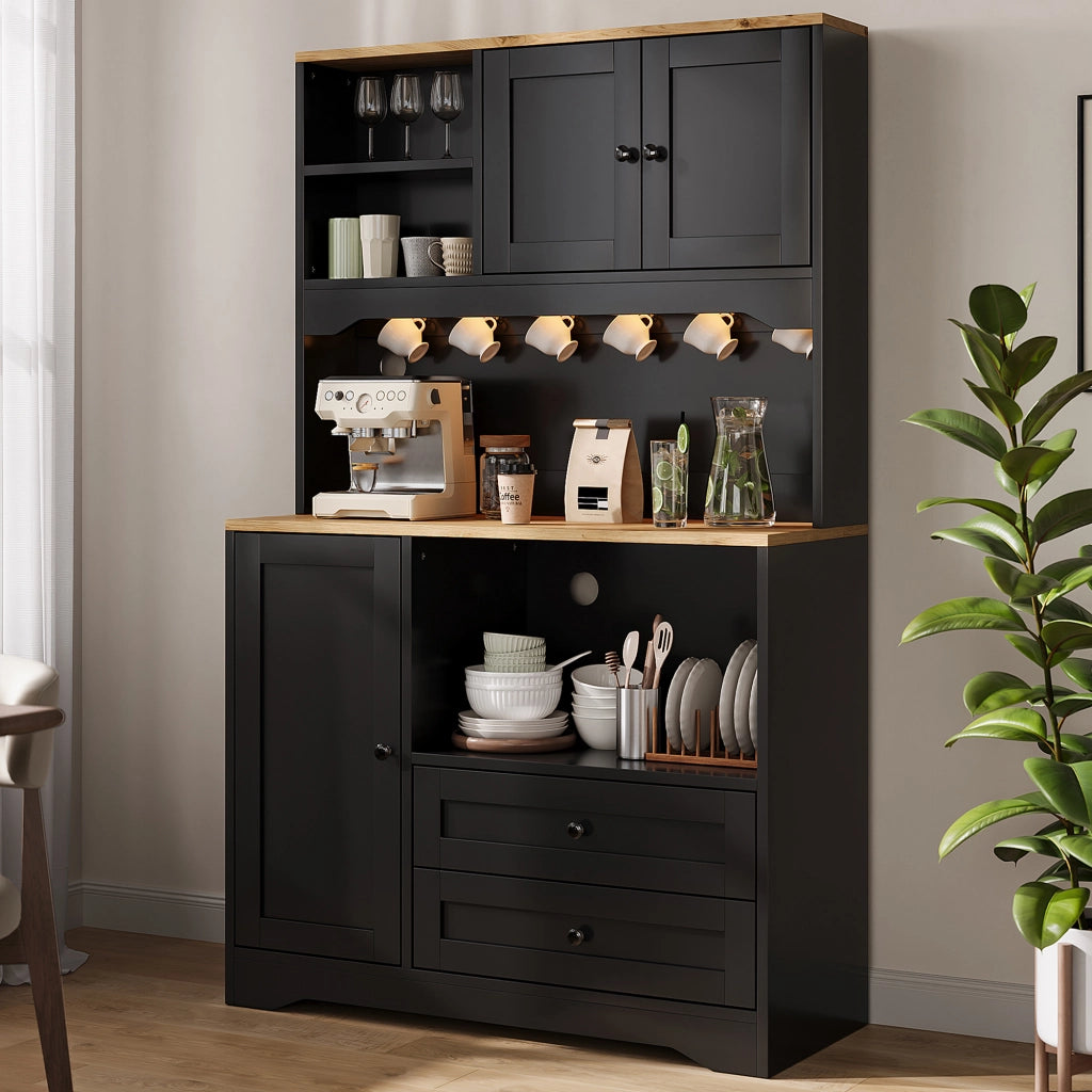 Credenza da cucina alta con LED, presa integrata, 2 cassetti e ripiani regolabili, per cucina, nero, 100 × 40 × 163 cm