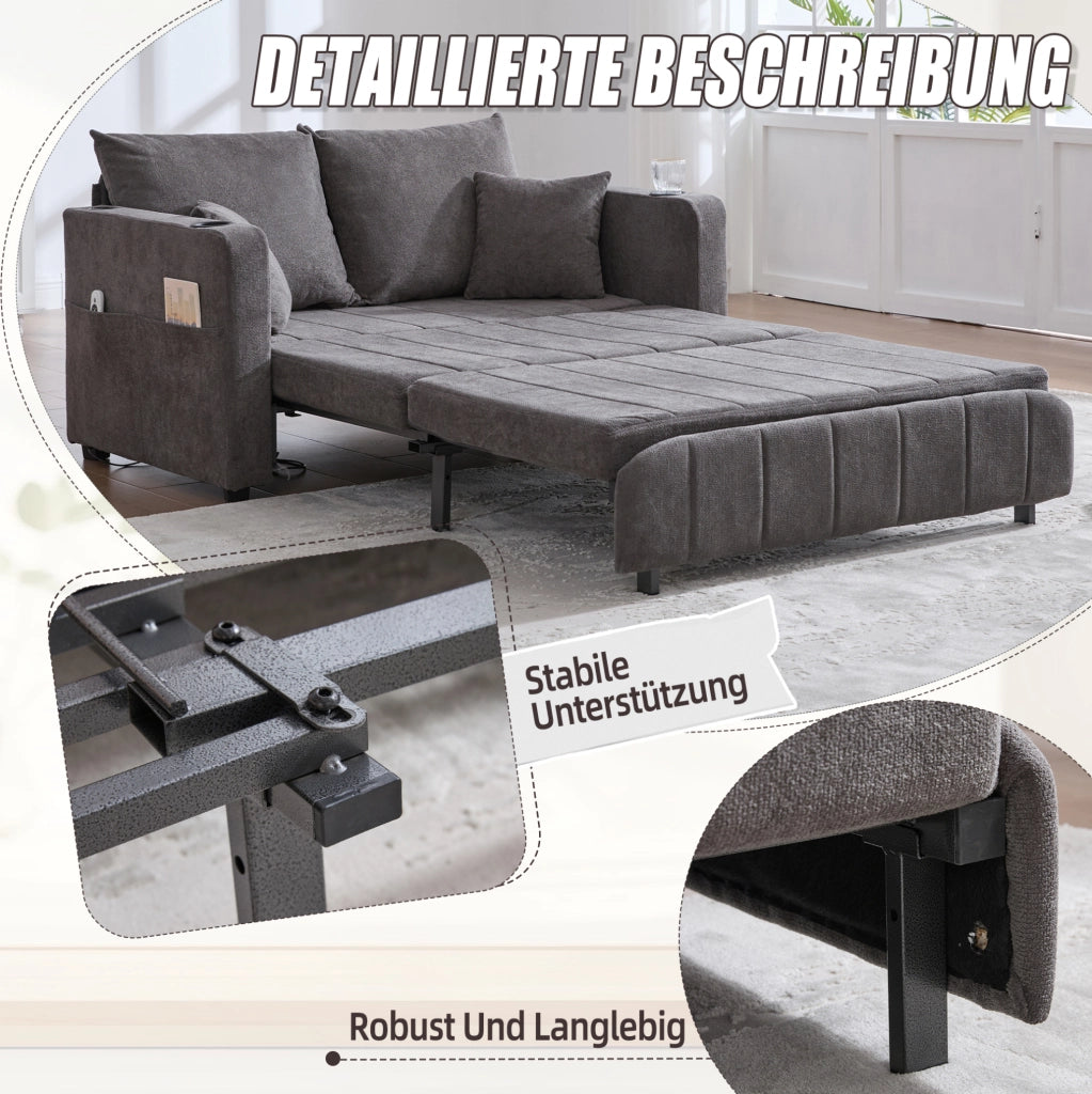 Divano letto multifunzionale in chenille grigio 139x83x58 cm; con cuscini e tasca laterale