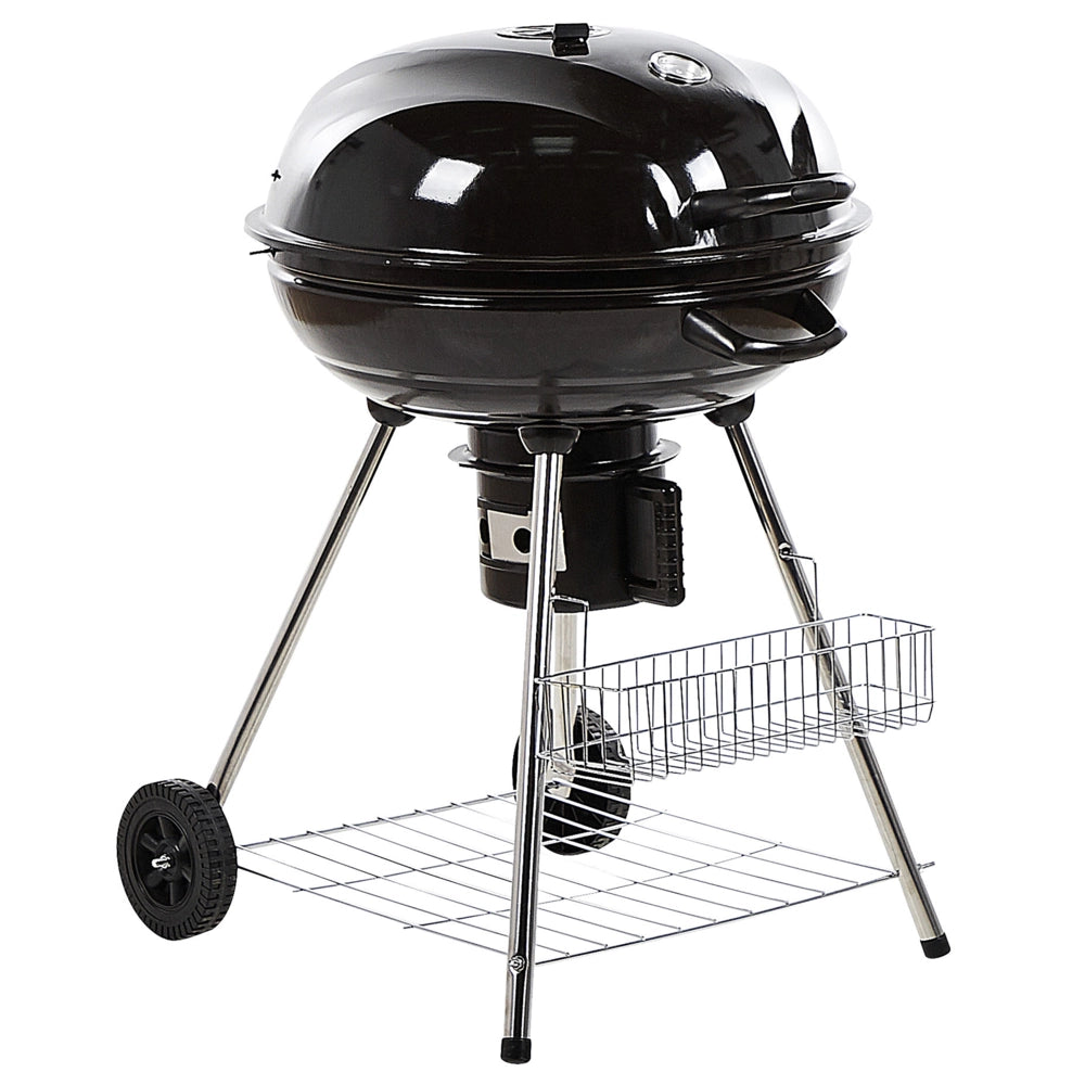 Bollitore per barbecue a carbonella in acciaio Nero con coperchio con ruote per griglia da cucina con termometro