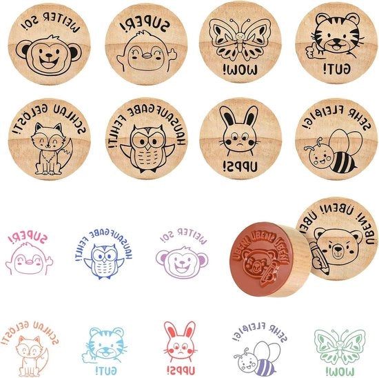 Stampi di legno per insegnanti - Stampi motivazionali con motivi animali - Timbro per bambini - Timbro di insegnamento per premi e riconoscimenti - Timbro scolastico per motivazione allo studio