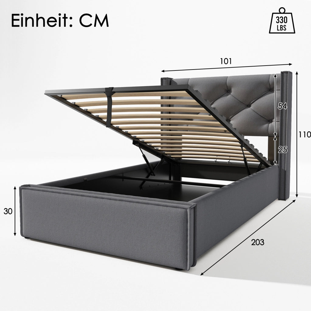 Letto singolo imbottito 90x200 cm con contenitore e rete a doghe; grigio in cotone