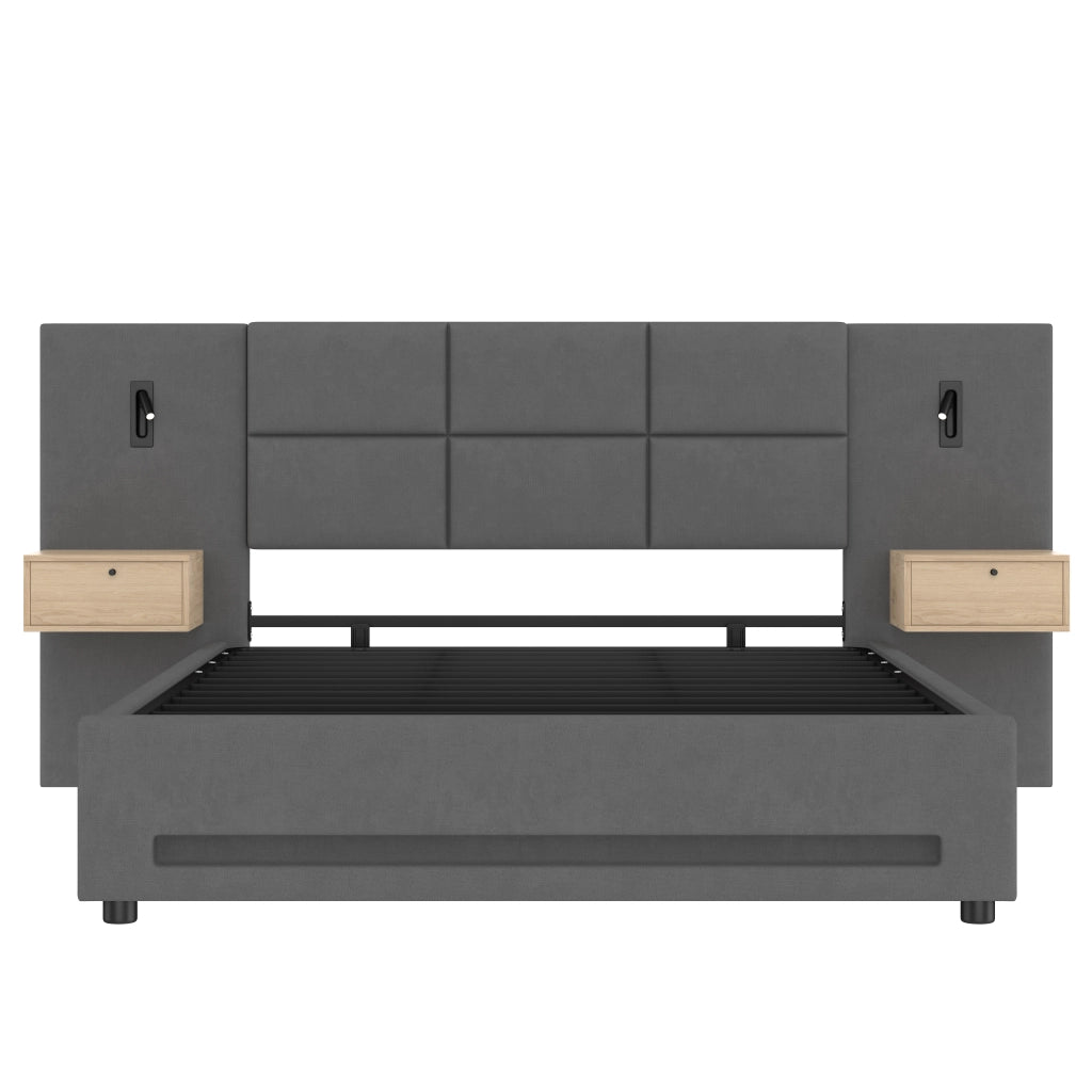 Letto matrimoniale 160x200 cm in velluto grigio scuro con testiera contenitore, LED, USB-C e vano salvaspazio