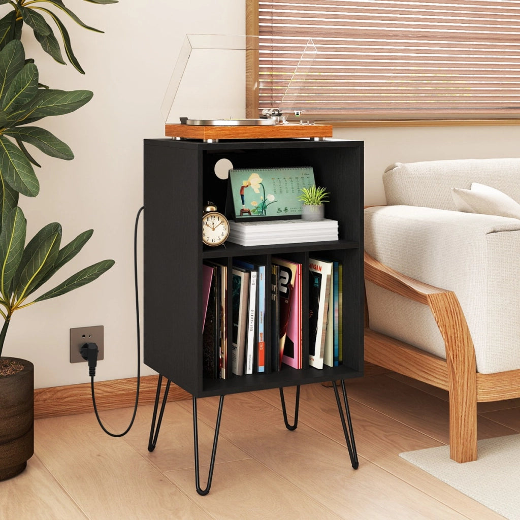 Supporto per giradischi con stazione di ricarica porta vinili con scomparti, Supporto tavolo porta dischi con gambe in metallo-Scaffali e librerie