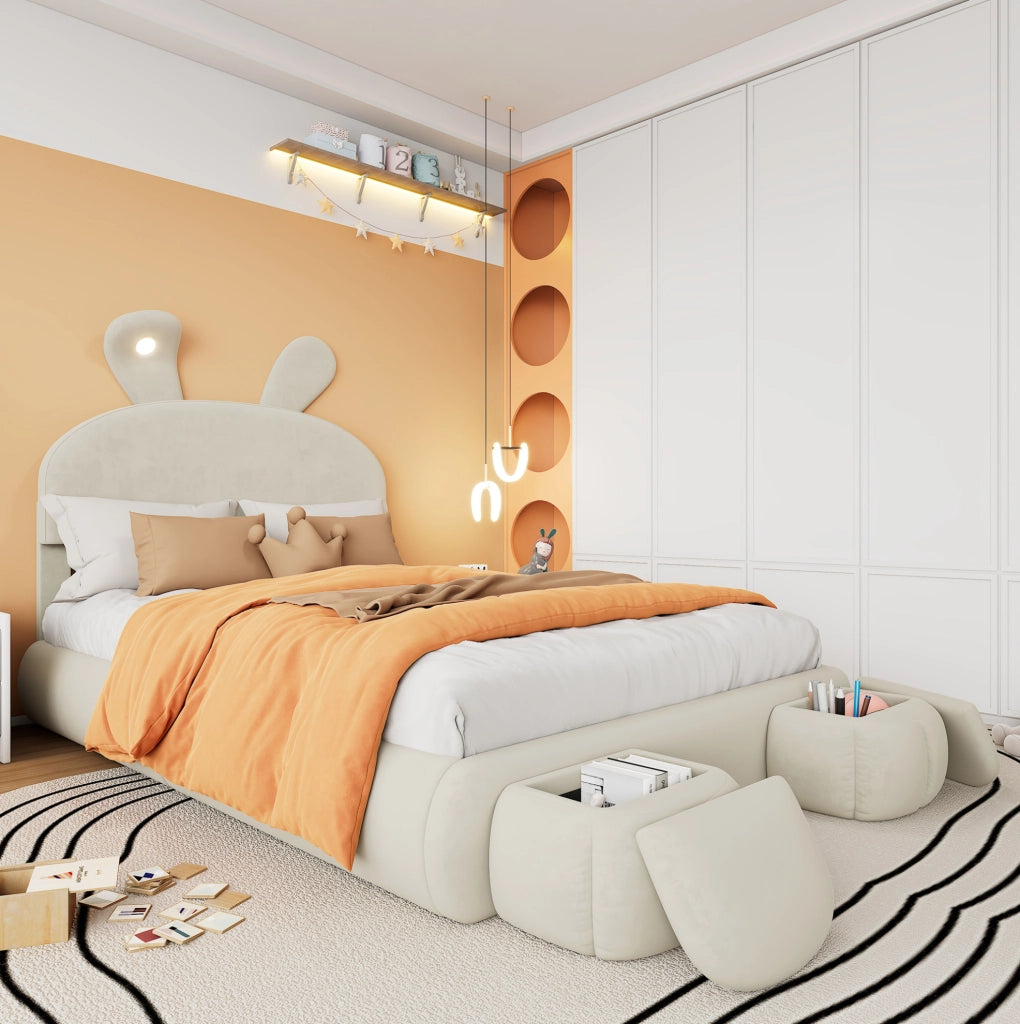 Letto imbottito con contenitore e LED, velluto beige, 140x200 cm