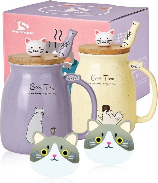 Set di 2 carine tazze da caffè in ceramica con coperchio e cucchiaio in bambù Kawaii, novità, tazza da mattina, caffè, latte, tazze da caffè 3D per amanti dei gatti, donne, regali (blu)