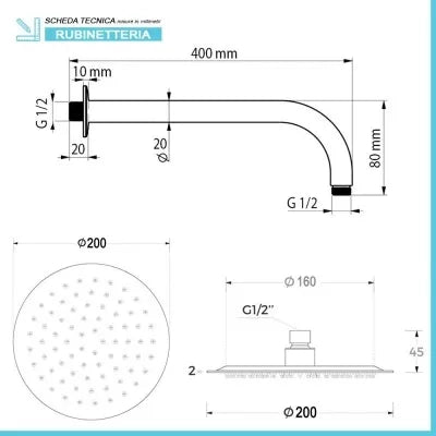 Set doccia cromo braccio 40 cm + soffione 20 cm + miscelatore e kit doccia Flat