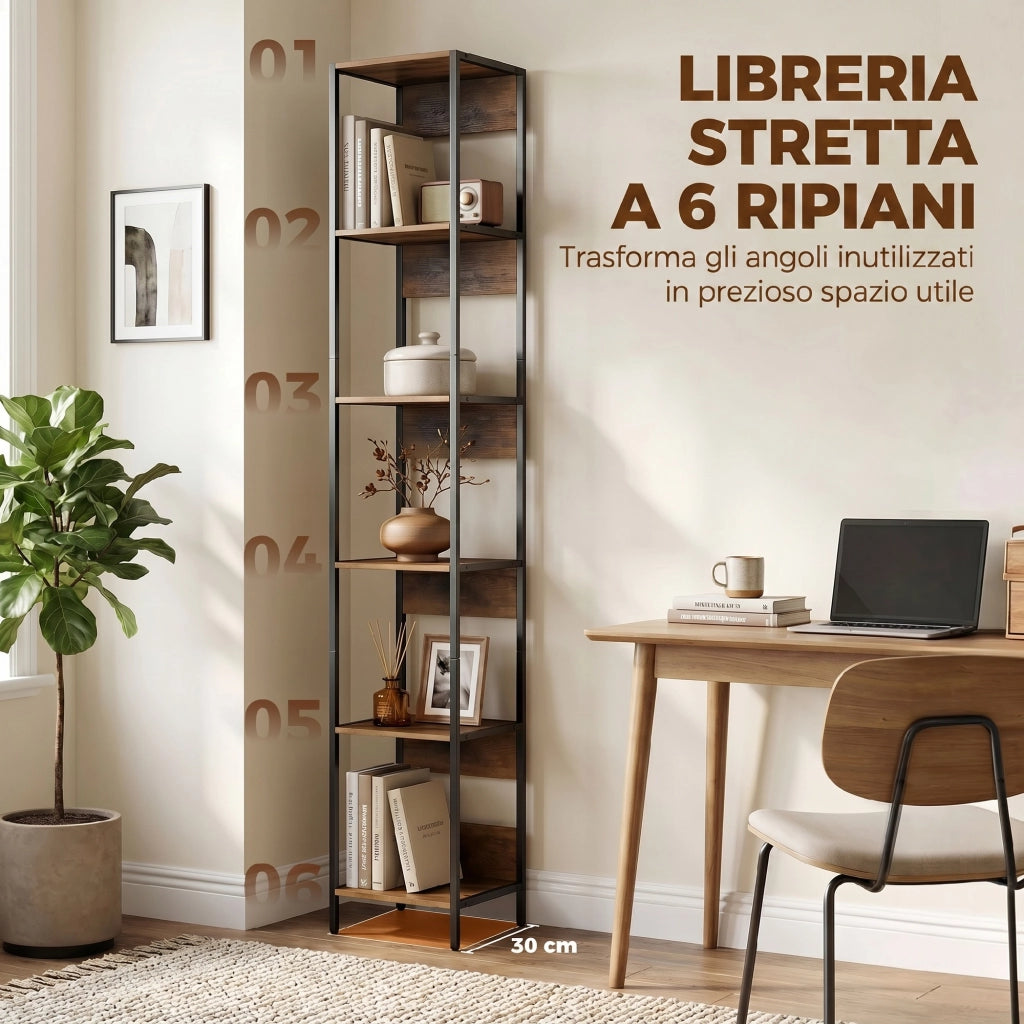 Libreria Verticale Salvaspazio 6 Ripiani 29,5x30x185 cm Marrone e Acciaio Nero
