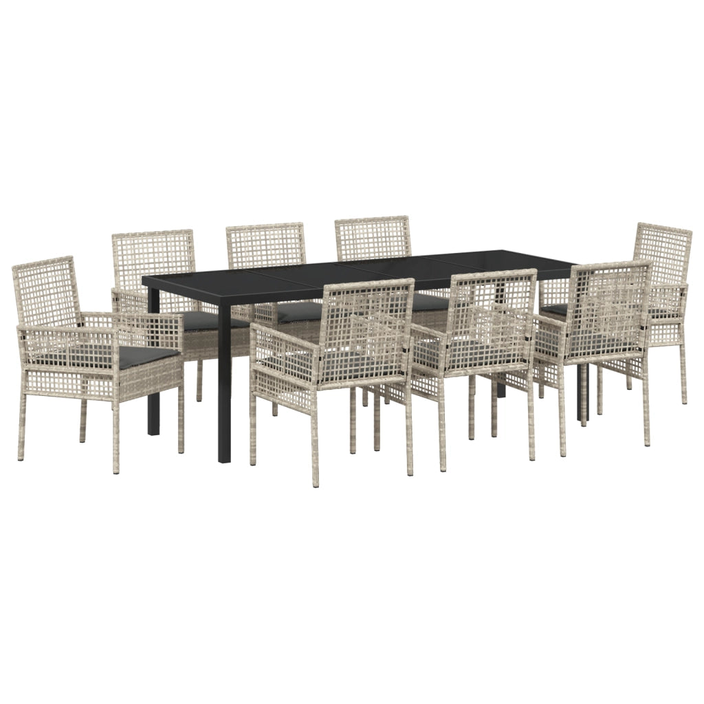 Set da Pranzo da Giardino di 9 Pezzi con Cuscini Grigio Chiaro in Rattan Polietilene