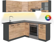 Cucina angolare completa Rick, Quercia dorata/antracite, 187 x 60 cm, PL Fantasia nera con striscia LED