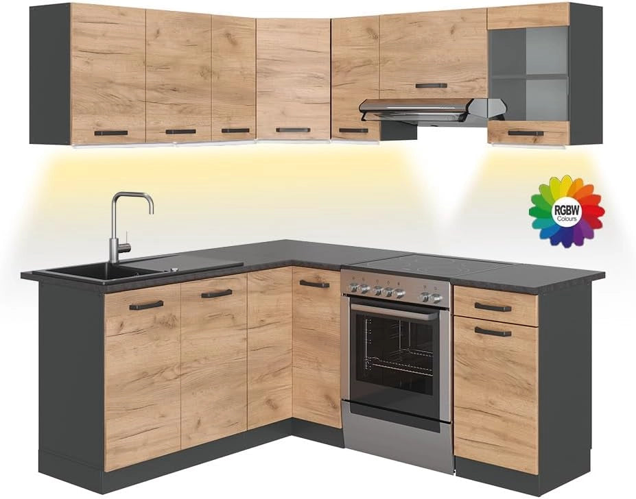 Cucina angolare completa Rick, Quercia dorata/antracite, 187 x 60 cm, PL Fantasia nera con striscia LED
