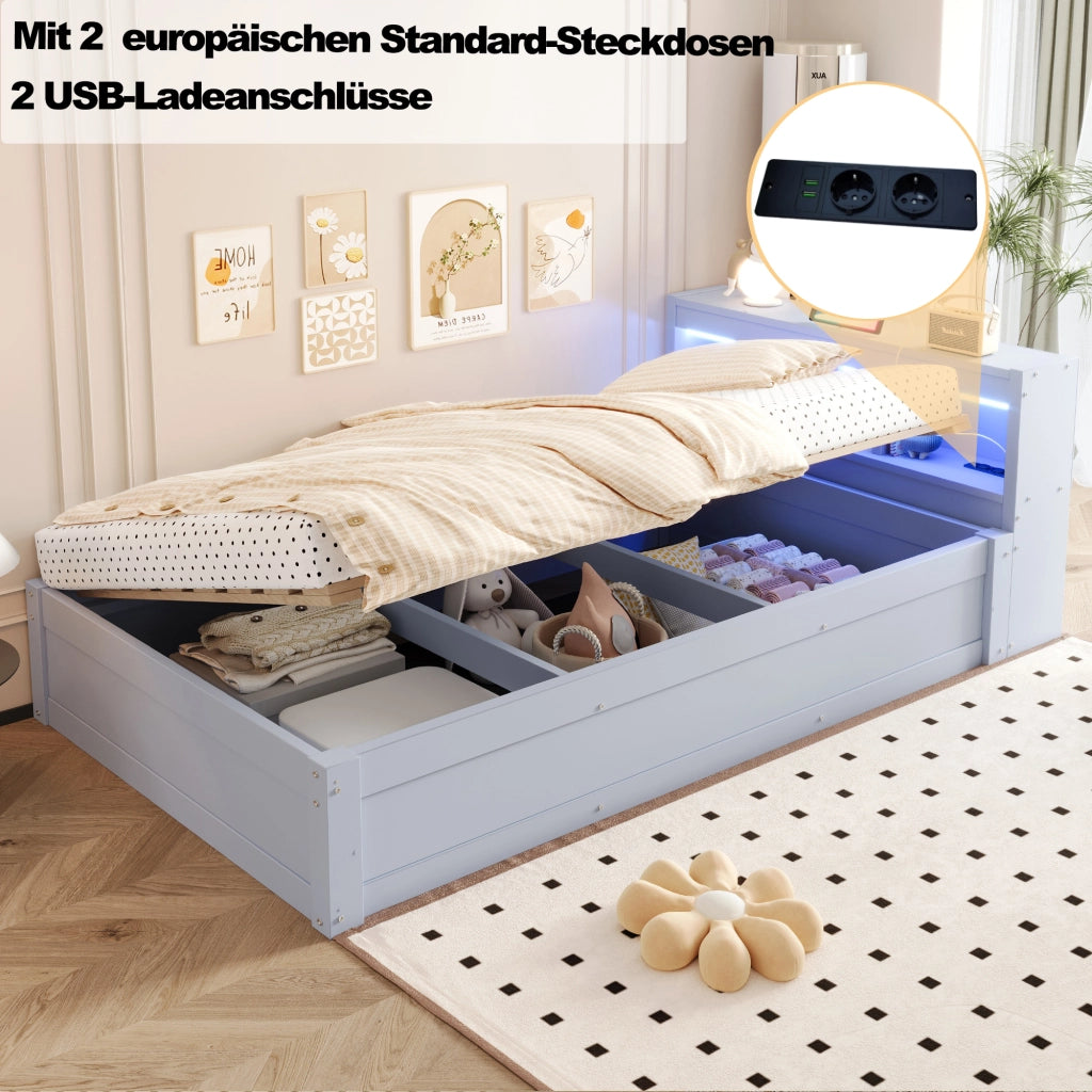 LETTO Multifunzionale 90x200 cm Grigio con presa multifunzione e LED