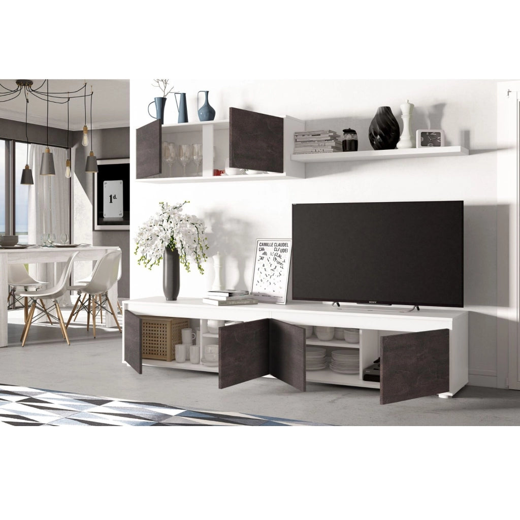 Parete Attrezzata Mobile Soggiorno Tv Con Mensola E Modulo Sospeso Per Salotto Sala Da Pranzo Design Moderno 200 X 41 X 43 Cm Colore Bianco/Ossido