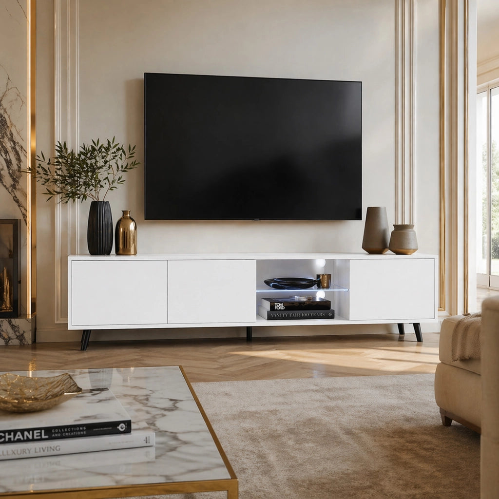 Mobile TV L Con Tre Ante Battenti Vano Centrale Con Ripiano In Vetro E LED Porta Televisore In Melanico Piedini In Metallo Per Soggiorno Salotto Zona Living 175 x 40 x 31.5 cm Bianco