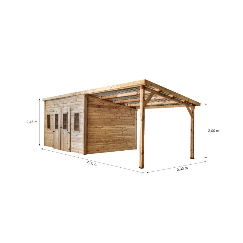 Casetta da giardino in legno Douglas 380x280 cm – Spessore pareti 28 mm – Con legnaia e tetto in acciaio – DAN4030.02B Foresta