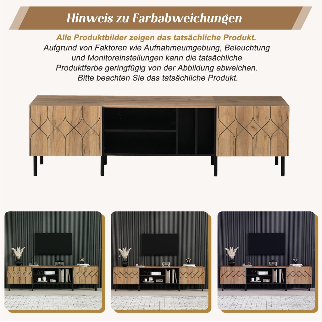 Mobile porta tv con 2 ante e 4 vani aperti, push-to-open, in MDF e truciolare, per salotto, nero naturale, 180 × 40 × 50 cm