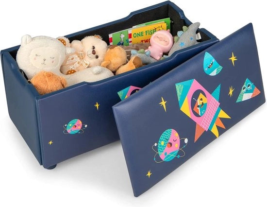 Cassetta di gioco rivestita, cesta di sicurezza per bambini con coperchio rimovibile, banca di gioco multiforme con schema di razzi e pianeti, per soggiorno, camera da bambini, scuola materna (blu marino)