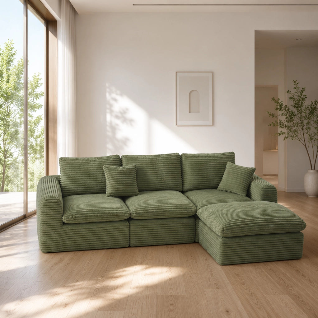 Divano modulare componibile 3 in 1 verde in velluto a coste; con schiuma e molle