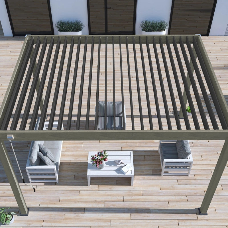 Pergola bioclimatica autoportante OMBREA - 3x4m - Effetto legno con lamelle grigie