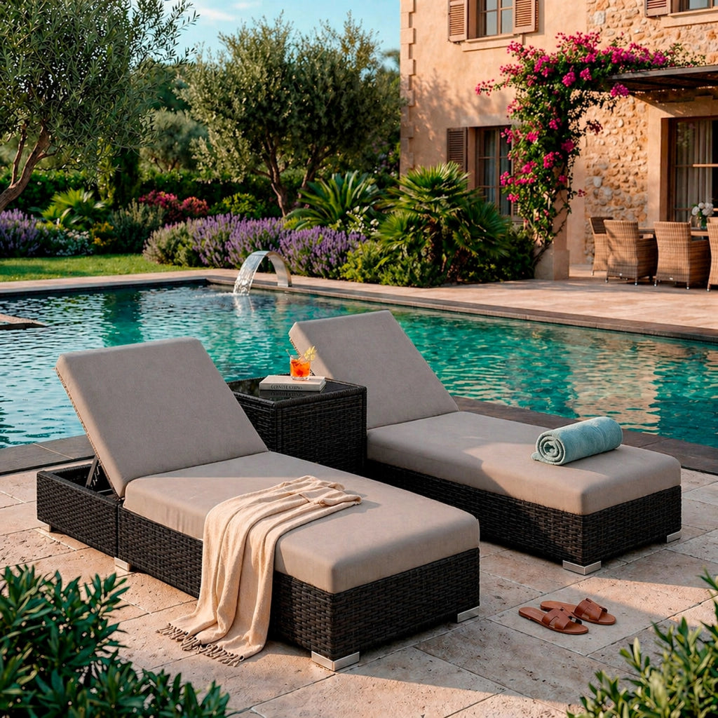 Set 2 Sdraio Prendisole in Polyrattan con Tavolino Contenitore e Cuscini Schienale Reclinabile 5 Posizioni Arredo Giardino Piscina 184x60x21 Cm Nero Grigio