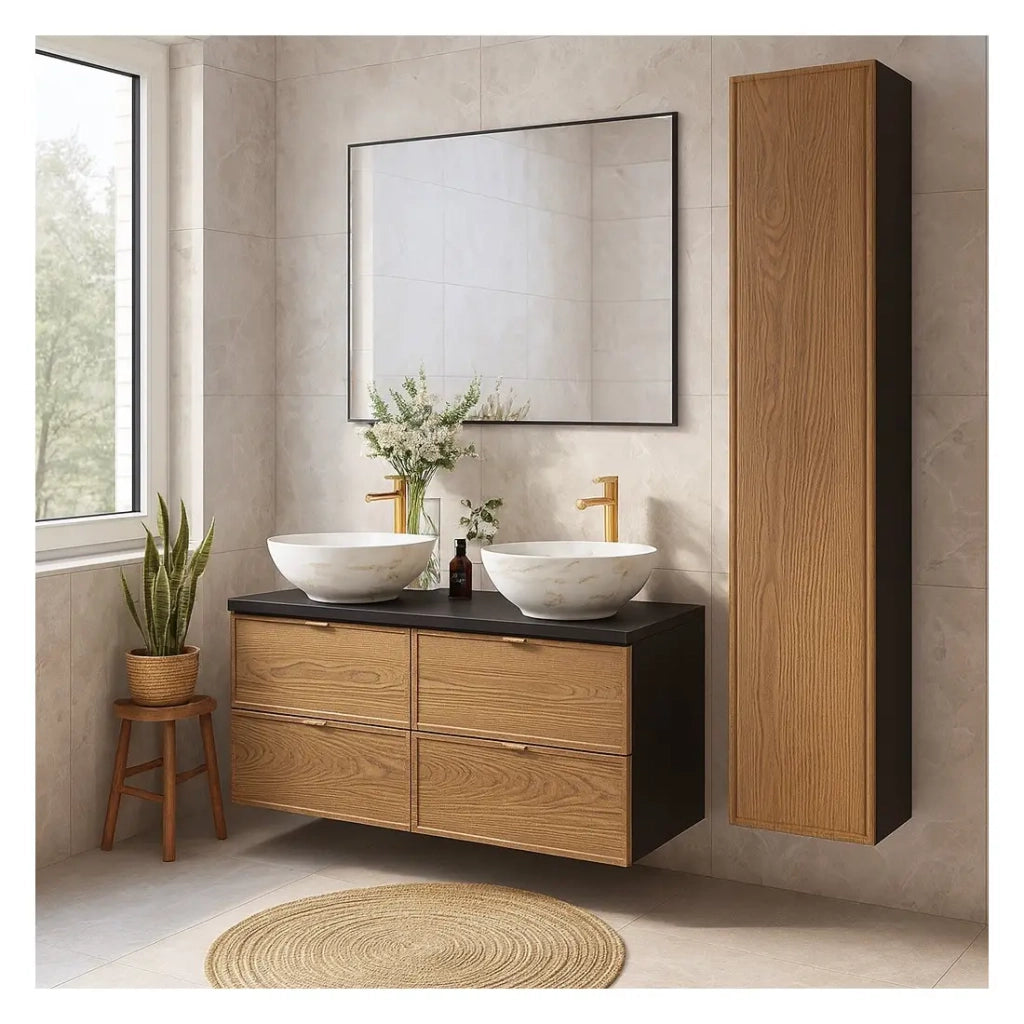 Set da bagno SAVIA: mobile sottolavabo 120cm + lavabo da appoggio effetto marmo + colonna contenitore