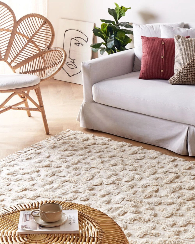 Tappeto in cotone beige 160 x 230 cm motivo geometrico trapuntato minimalista soggiorno camera da letto