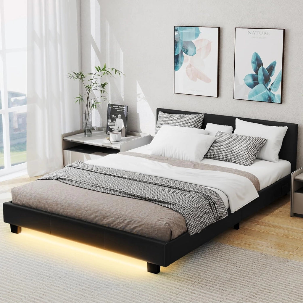 Letto imbottito 140 x 200 cm, struttura letto con illuminazione LED regolabile 16 colori, letto matrimoniale con testiera imbottita e doghe in legno, telaio del letto con rivestimento in