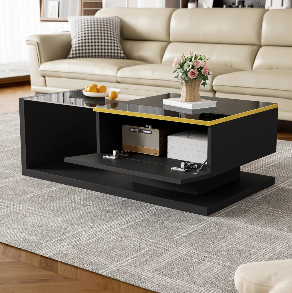 Tavolino da salotto nero con LED Bluetooth e vetro, 90 cm