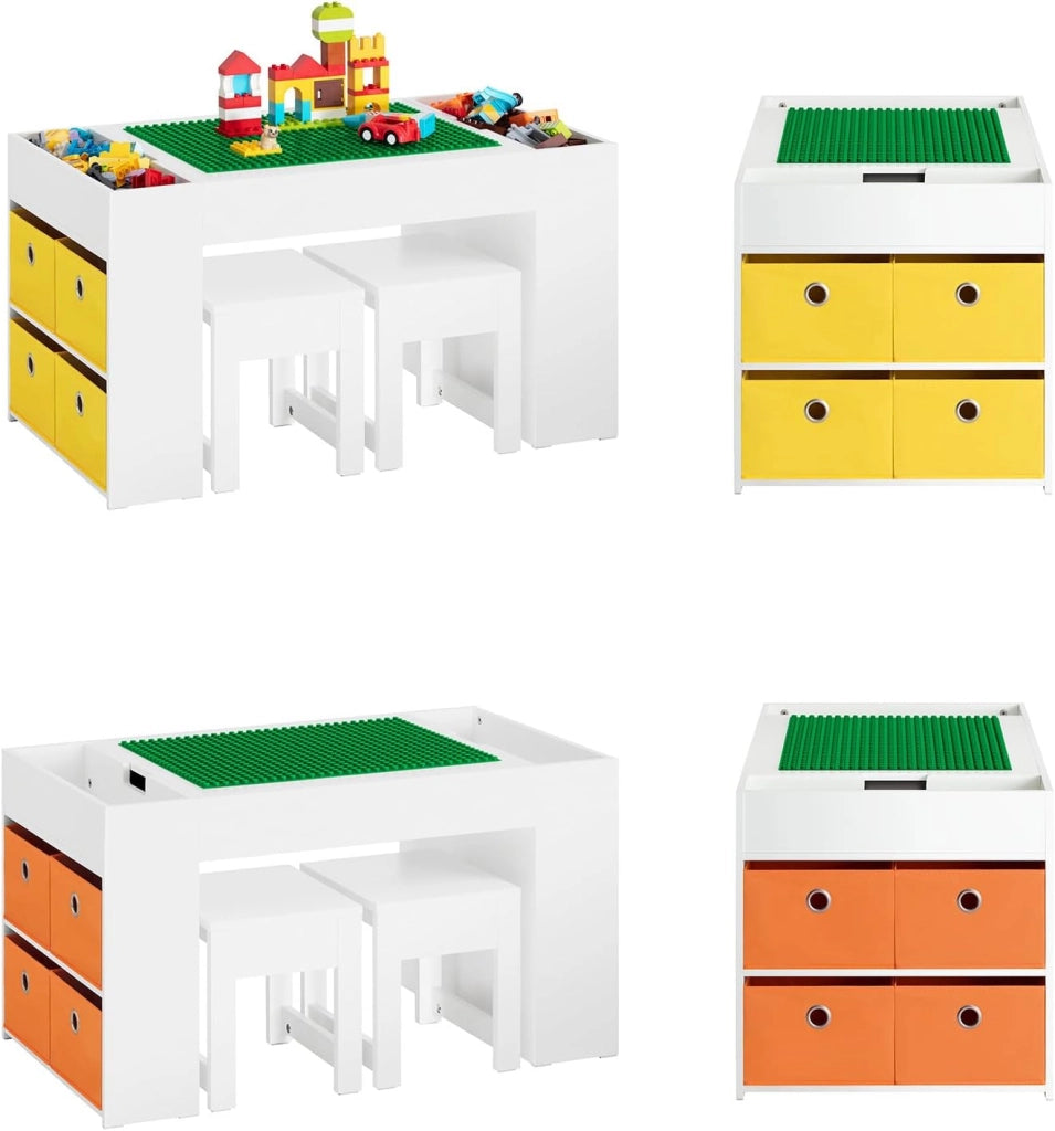 Tavolo multifunzionale per bambini con 2 sgabelli e 8 contenitori Set tavolo e sedie per cameretta bambini Tavolo da gioco con spazio di archiviazione Bianco 87x50x50 cm KMB75-W