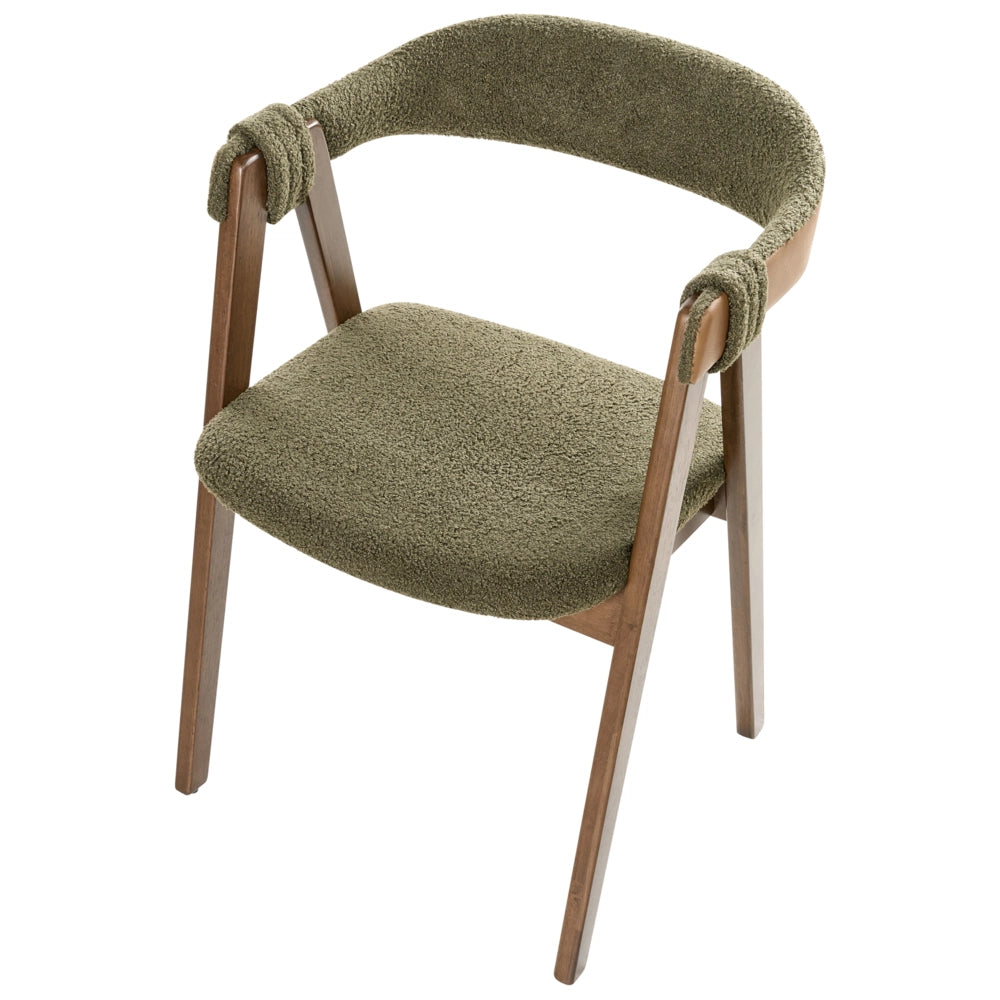 Set di 2 sedie da pranzo in tessuto boucle di poliestere marrone scuro e verde con gambe in legno di gomma in stile retrò tradizionale