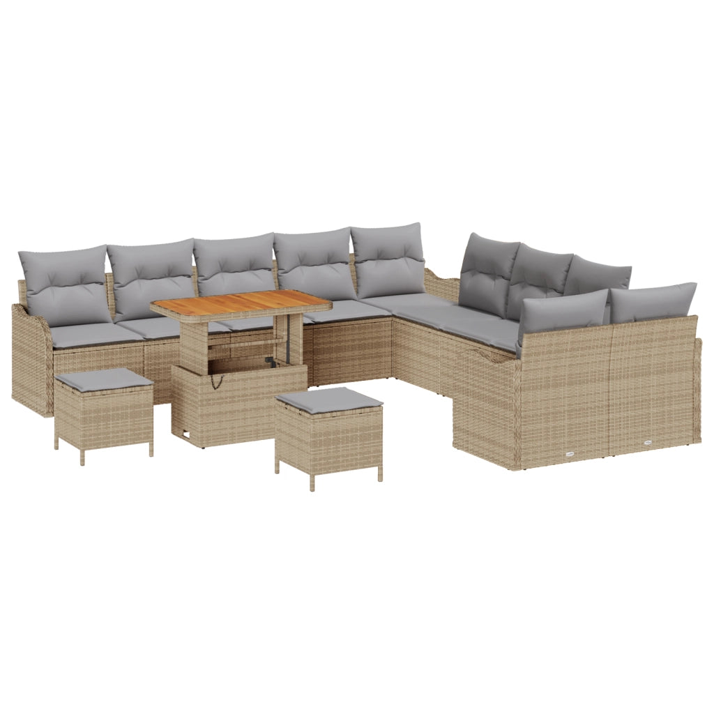 Set Divano da Giardino 13 Pezzi con Cuscini Beige in Rattan Acacia