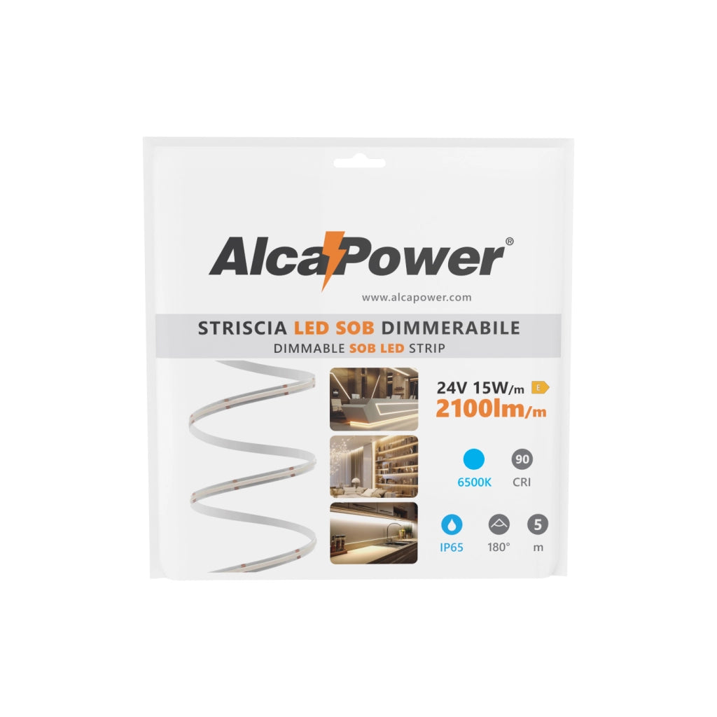 Alcapower Striscia LED SOB Serie IP65 5 metri 6500K 24V 15W/m 2100lm/m CRI 90 alta efficienza luminosa professionale installazioni interne ed esterne