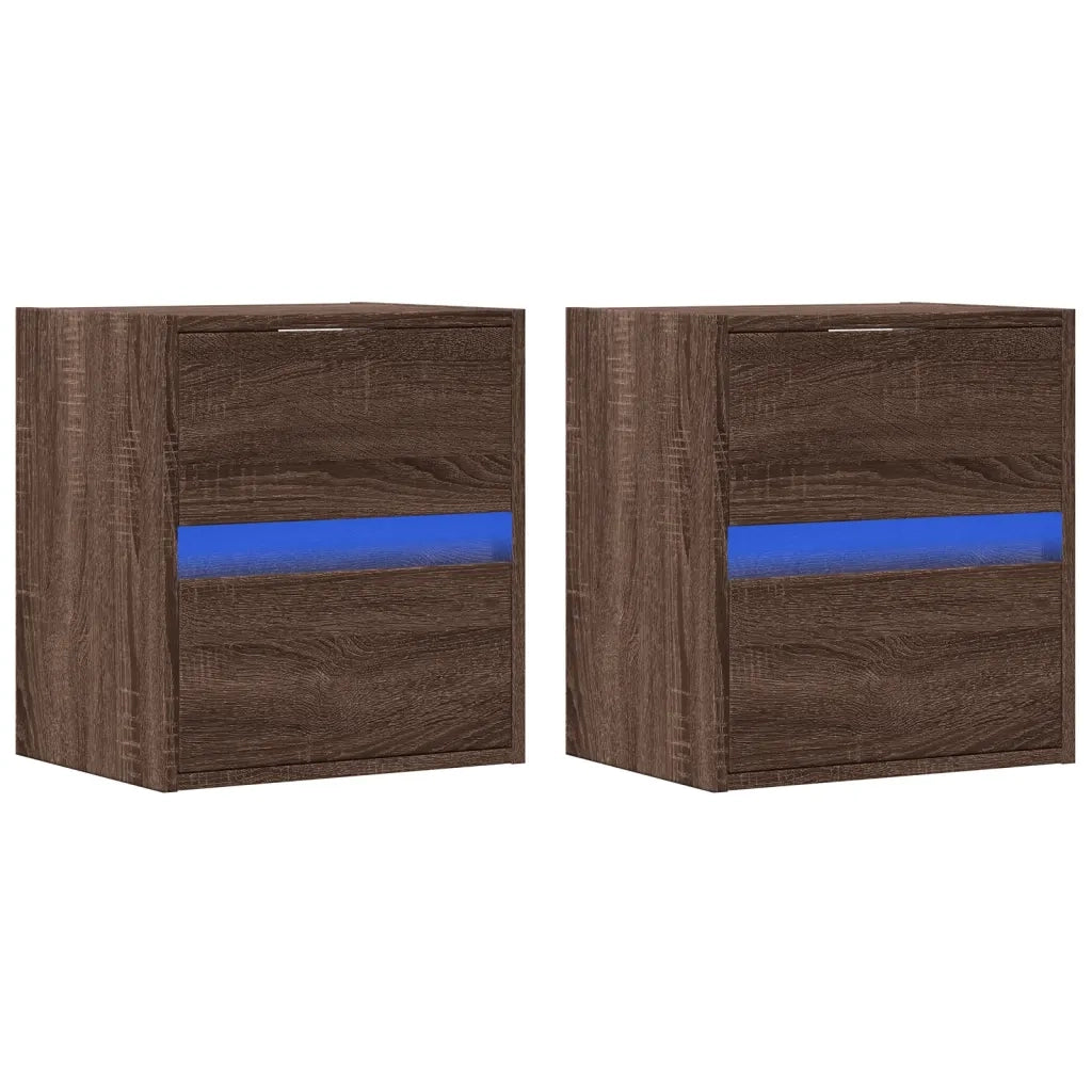 Comodini a Parete con luci LED 2 pz Rovere Marrone