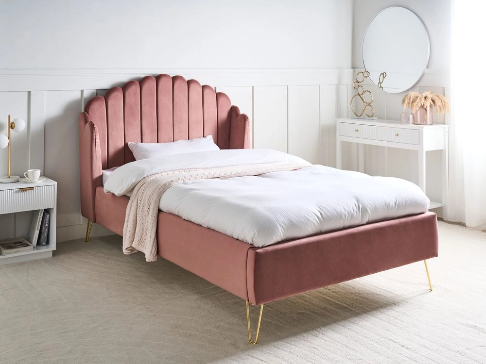 Letto matrimoniale con rete in velluto rosa 120 x 200 cm gambe in metallo testata retro capitonné