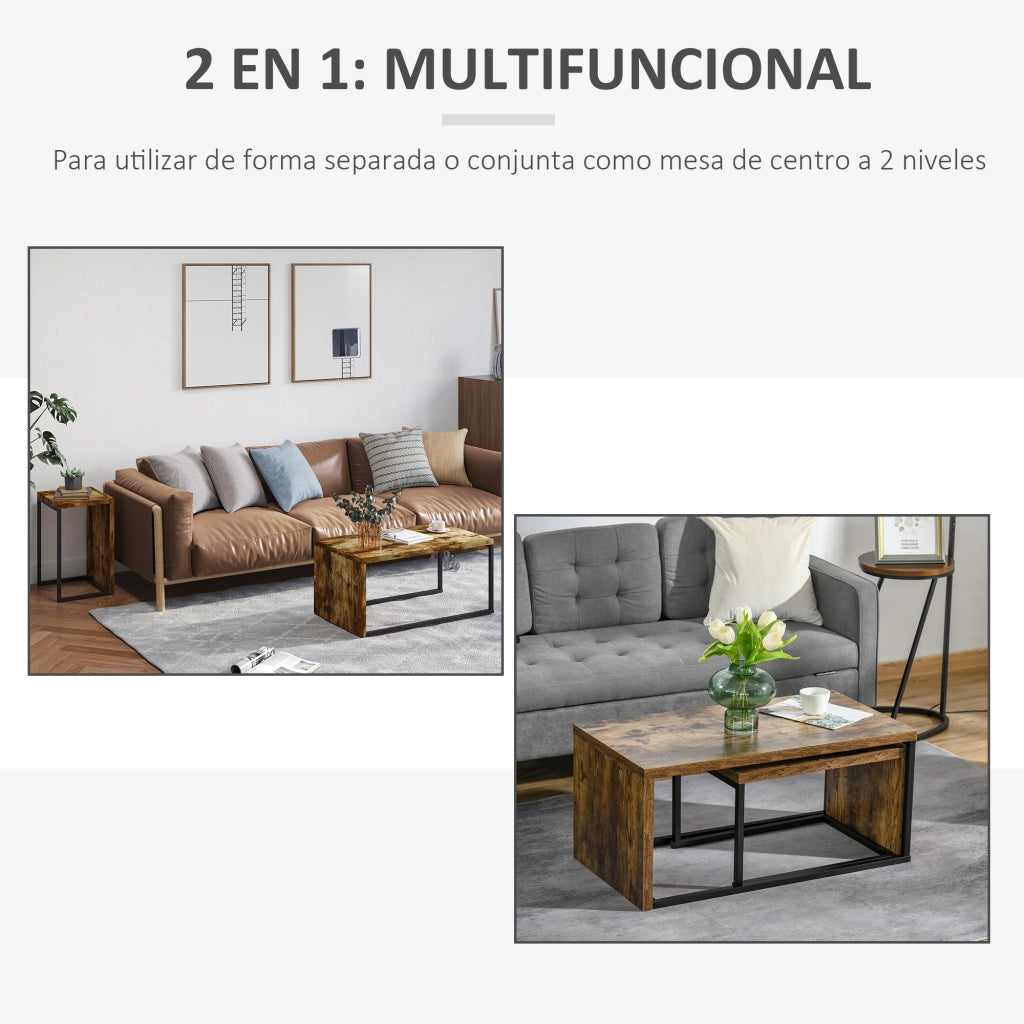 Set 2 Tavolini da Caff¨¨ Impilabili ¨C Xylo ¨C Metallo Nero e Legno Marrone 90x48x42cm