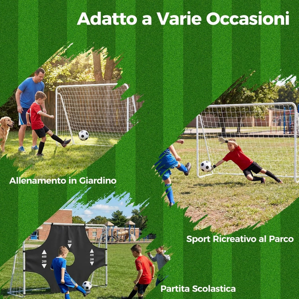 Porta da Calcio 2 in 1, Porta da Calcio con Parete di Tiro Rimovibile, 5 Fori, Picchetti e Fascette, Set di Rete con Bersaglio, per Bambini e Adulti, 215 x 77 x 152 cm