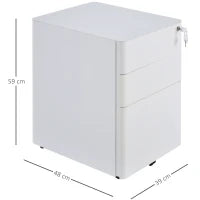 Cassettiera da Ufficio 3 Cassetti in Acciaio con Serratura e Rotelle, 39x48x59cm, Bianco