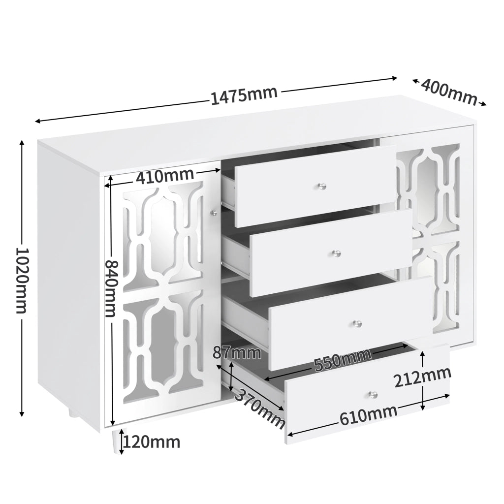 Credenza con 2 Ante; 4 Cassetti e Maniglie in Cristallo; Finitura a Specchio; in MDF; Bianco; 147;5??40??102 cm