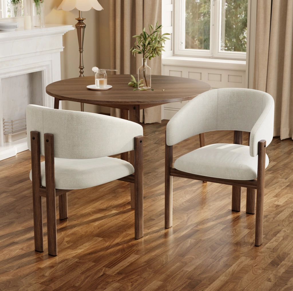 Set di 4 sedie con braccioli in lino beige e struttura effetto noce