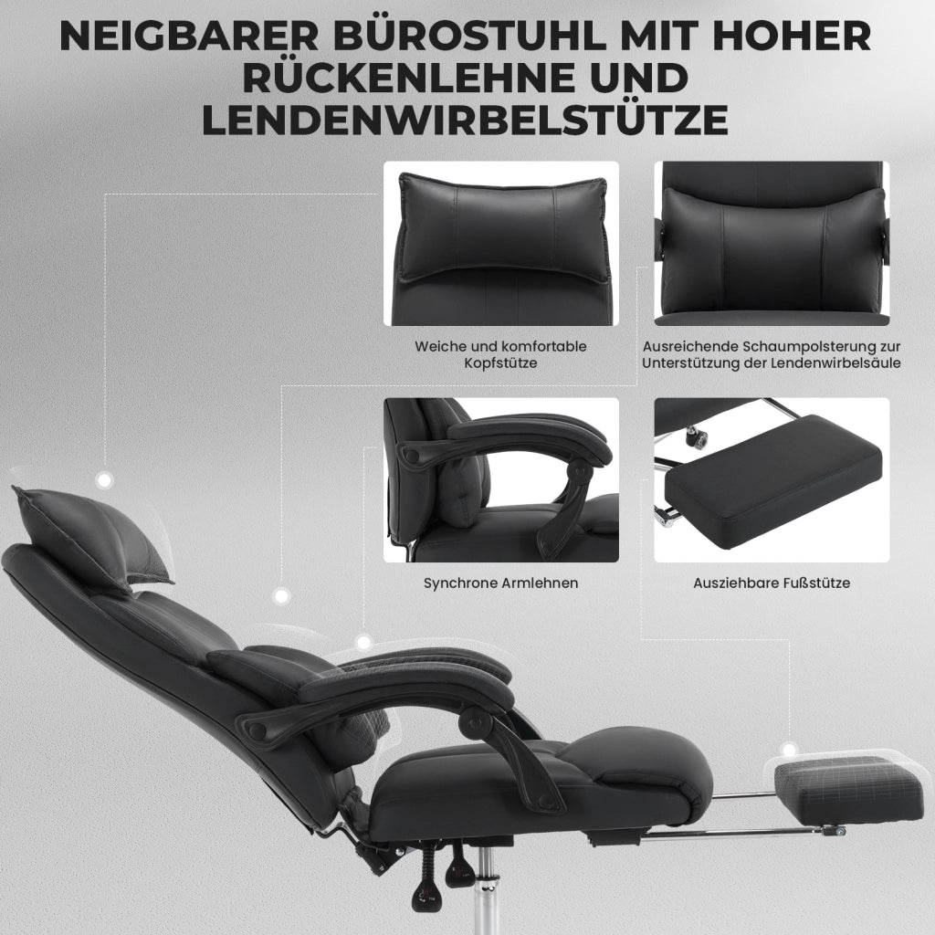 Sedia da ufficio ergonomica con supporto lombare regolabile; poggiapiedi; tessuto nero; 79 x 36 x 56 cm