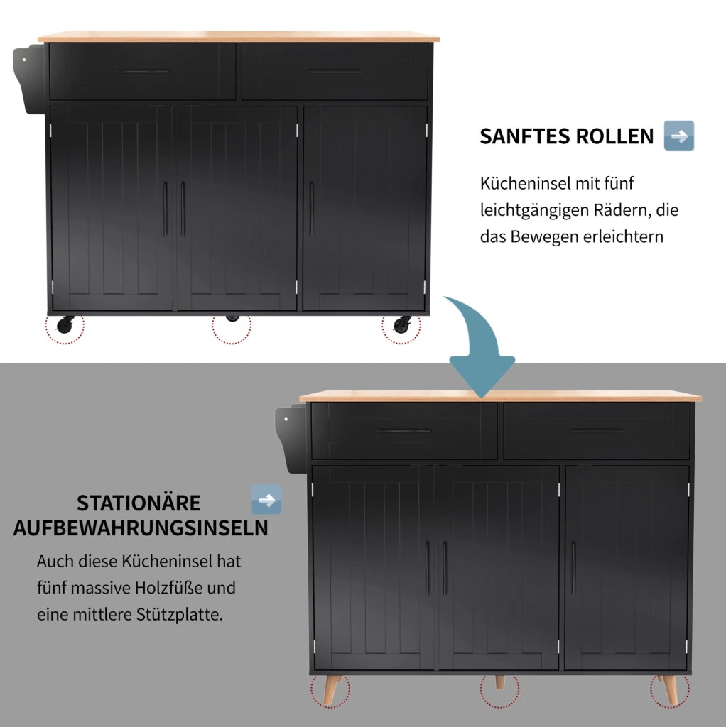 Carrello cucina nero con piano pieghevole e ruote