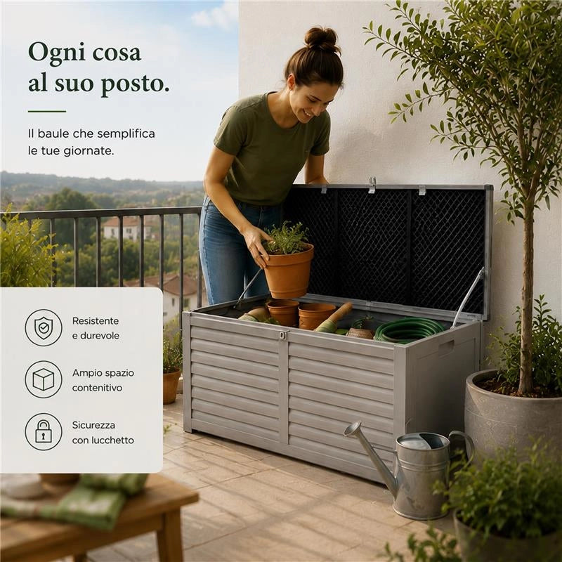BAULE DA ESTERNO CASSAPANCA BOX CONTENITORE PORTAOGGETTI PER GIARDINO 390 LT