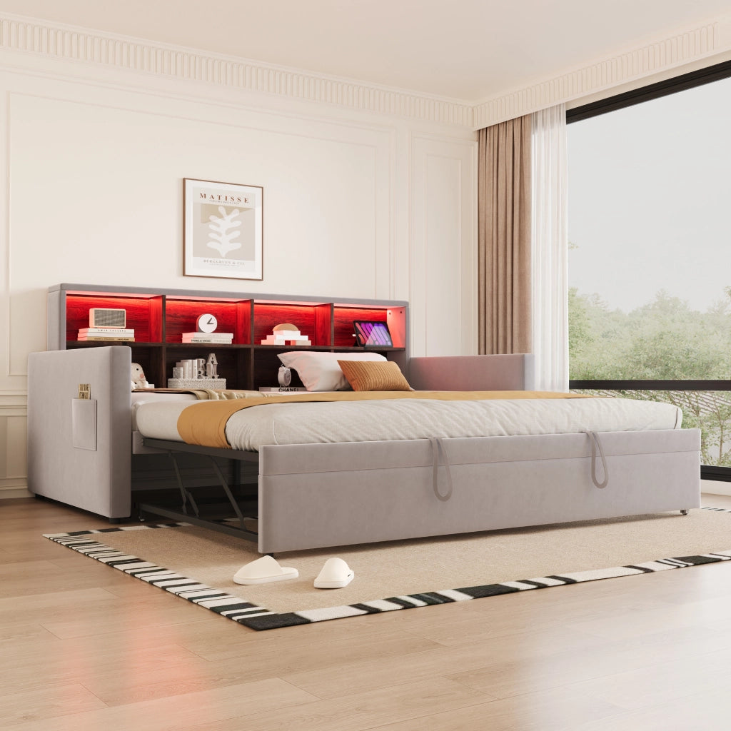 OKWISH Letto Divano Letto Singolo, Cassetti, LED, USB e Tipo C, 90 x 190 cm, senza materasso, Velluto Grigio Chiaro