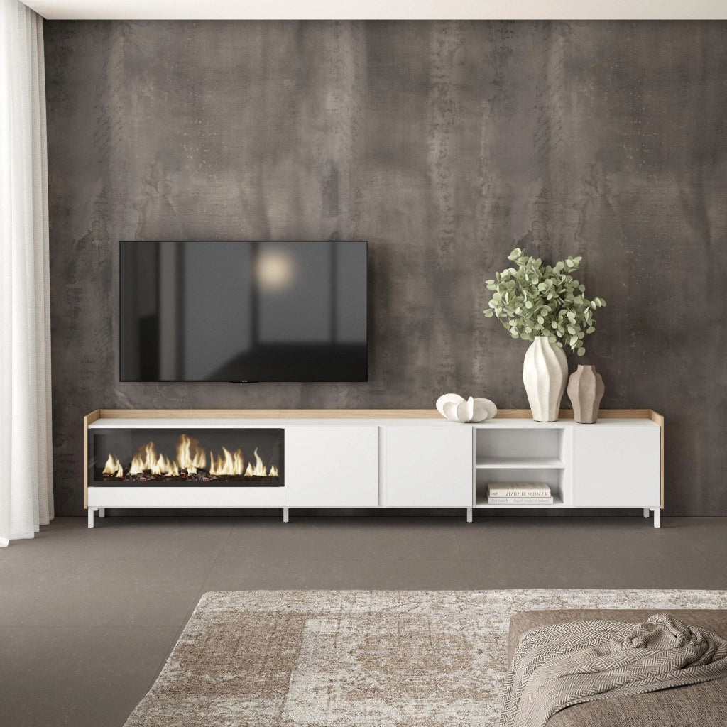 Mobile TV Soggiorno, 315x61x35 cm, Per TV fino a 80", Camino elettrico XXL, Design industriale, Bianco e Rovere soft