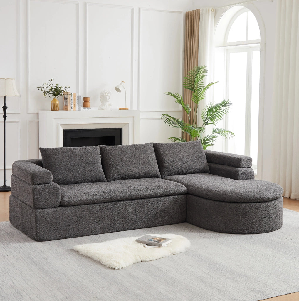 Divano angolare grigio in chenille con chaise longue e 3 cuscini