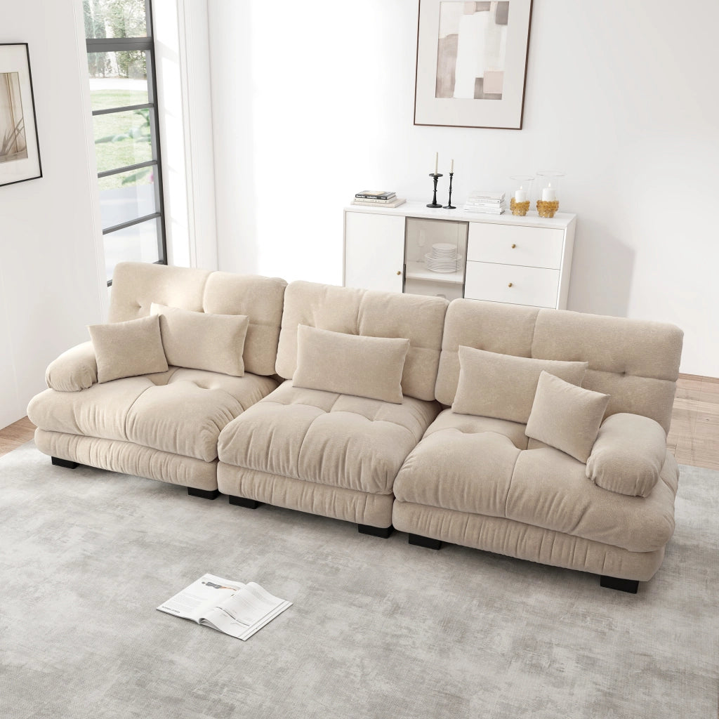 Divano modulare angolare 3 posti con seduta profonda e cuscini, in tessuto chenille, marrone chiaro vintage