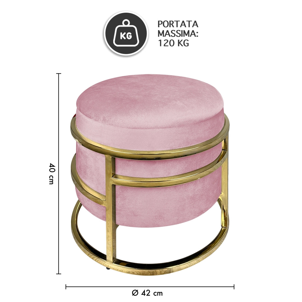 Pouf Contenitore Poggiapiedi Velluto Con Struttura Circolare Cromata Oro Elegante Imbottito Sgabello Per Toeletta Mobile Trucco Ottomano Ingresso Camera Da Letto Rotondo - Rosa