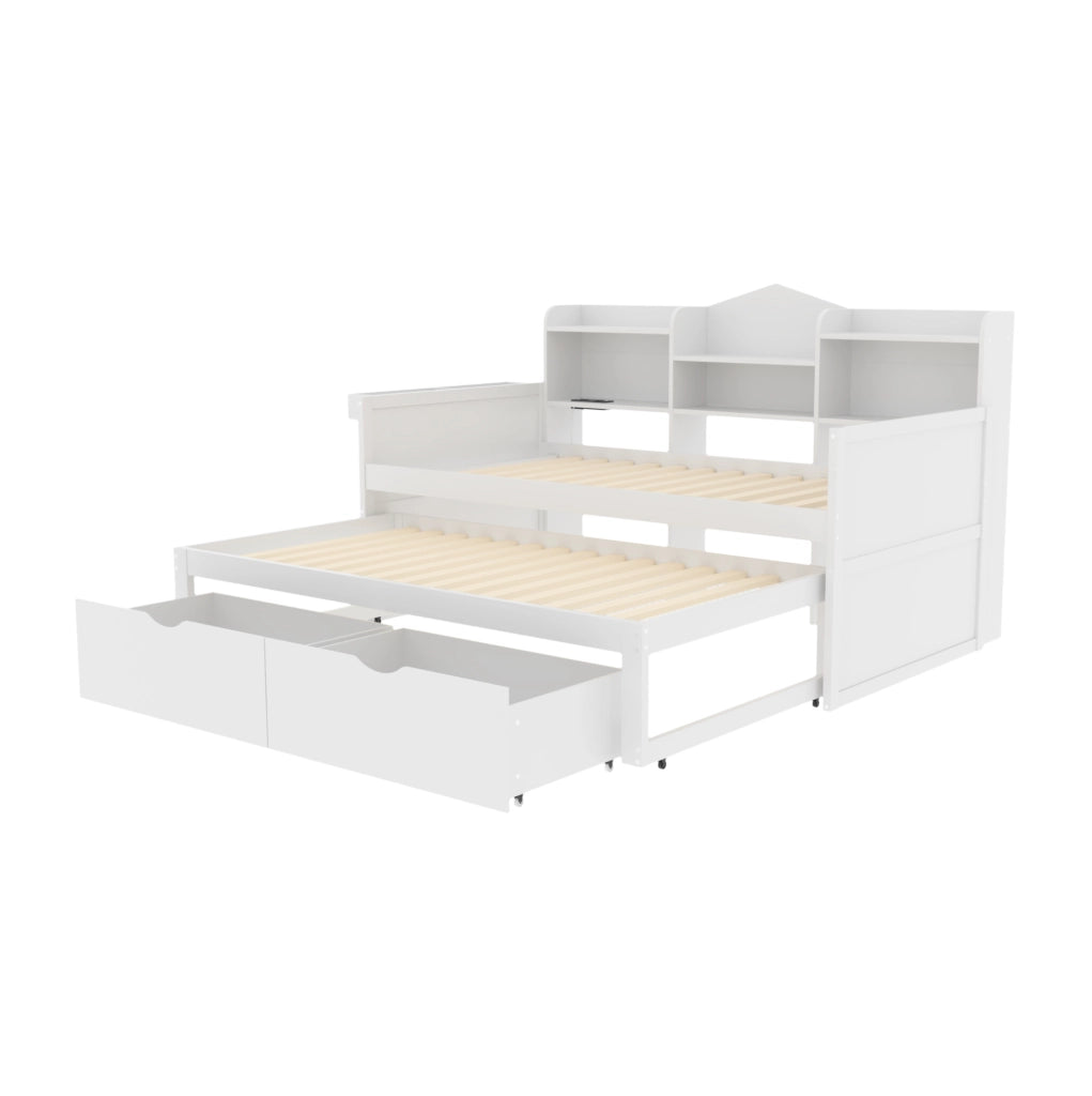 Letto singolo multifunzione estraibile 90x200 cm; bianco; con 2 cassetti e porta USB