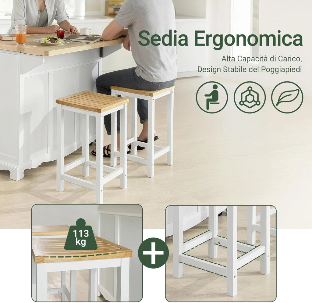 Set 2 SgabellI per cucina moderno SgabellI legno massello Bianco altezza 61 cm, Max Portata 100 kg FST29-WNX2
